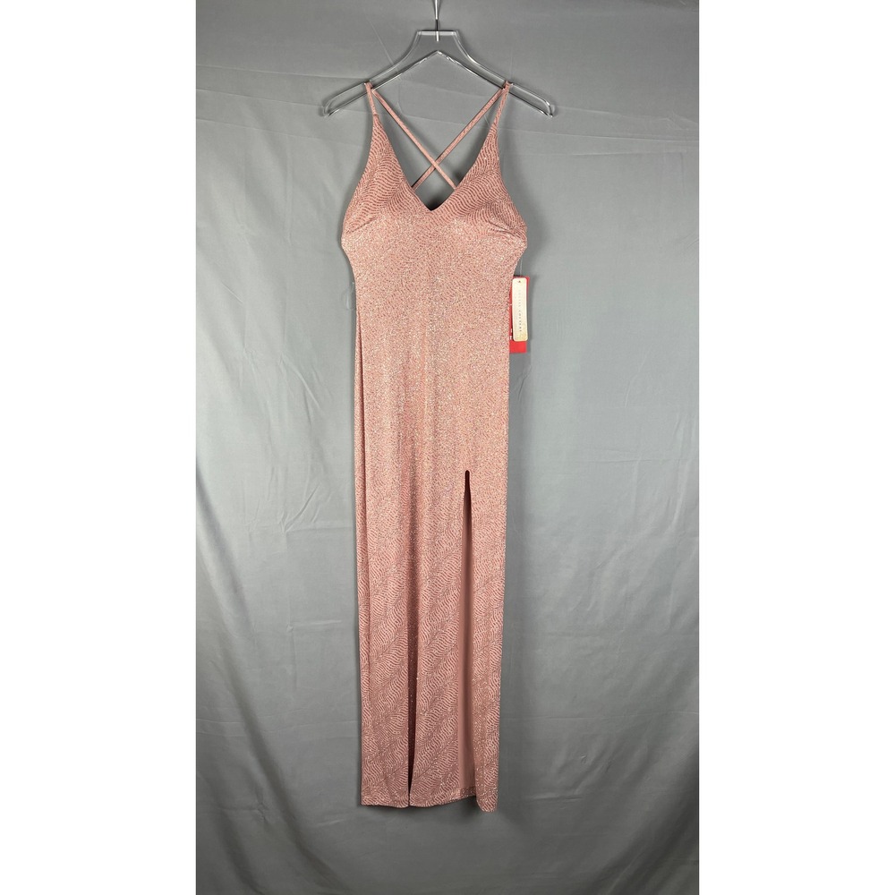 Social Couture Maxi Dress Womens 3/4 Pink Glitter Spaghetti Straps High Leg Slit